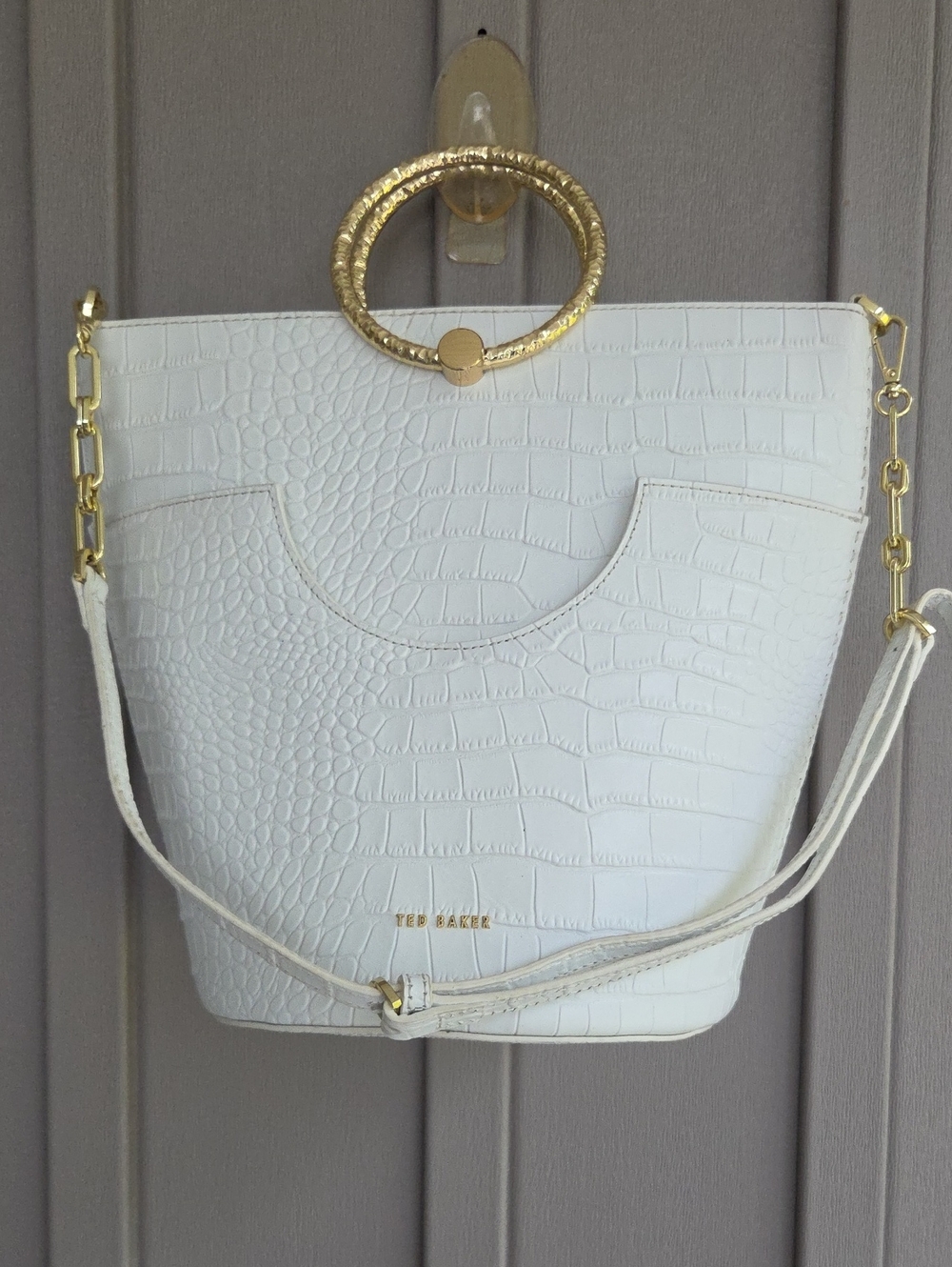 Ted Baker White Croc-Embossed Tote with Gold Ring Handle